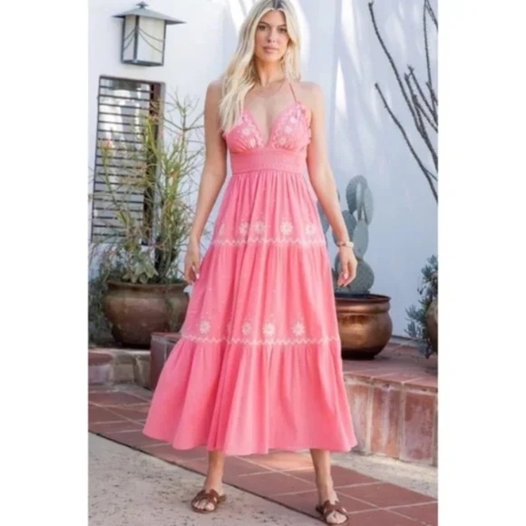 Rose Embroidered Floral Smocked Waist Gauze Summer Casual Halter Maxi Dress - Picture 1 of 7